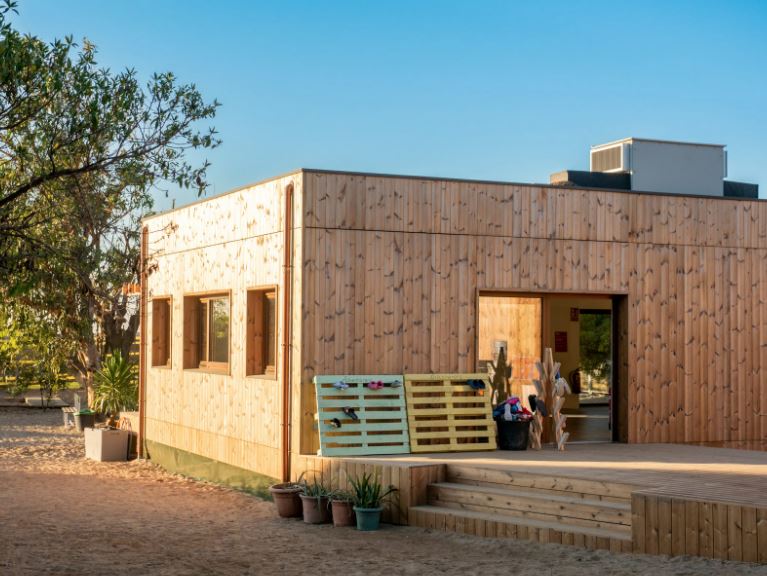 The Eco Hub in Castelldefells, seen from the outside on a sunny day