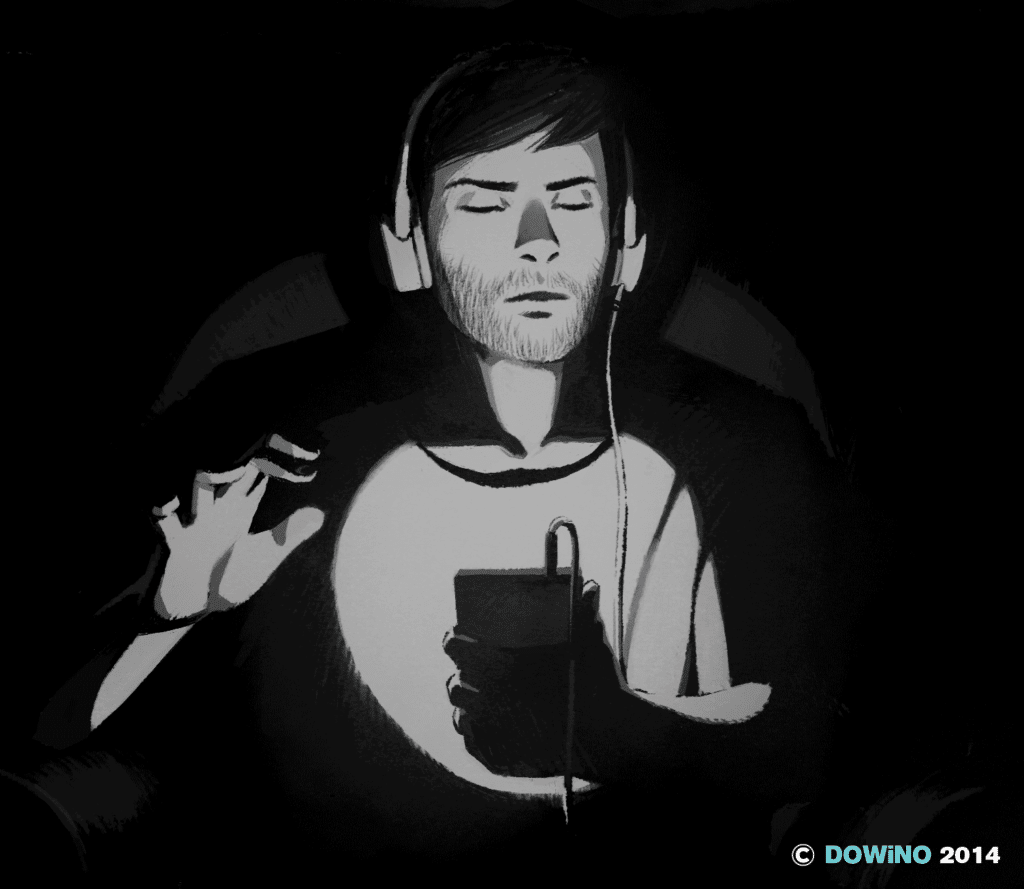 Drawing of young man playing video games with his eyes closed