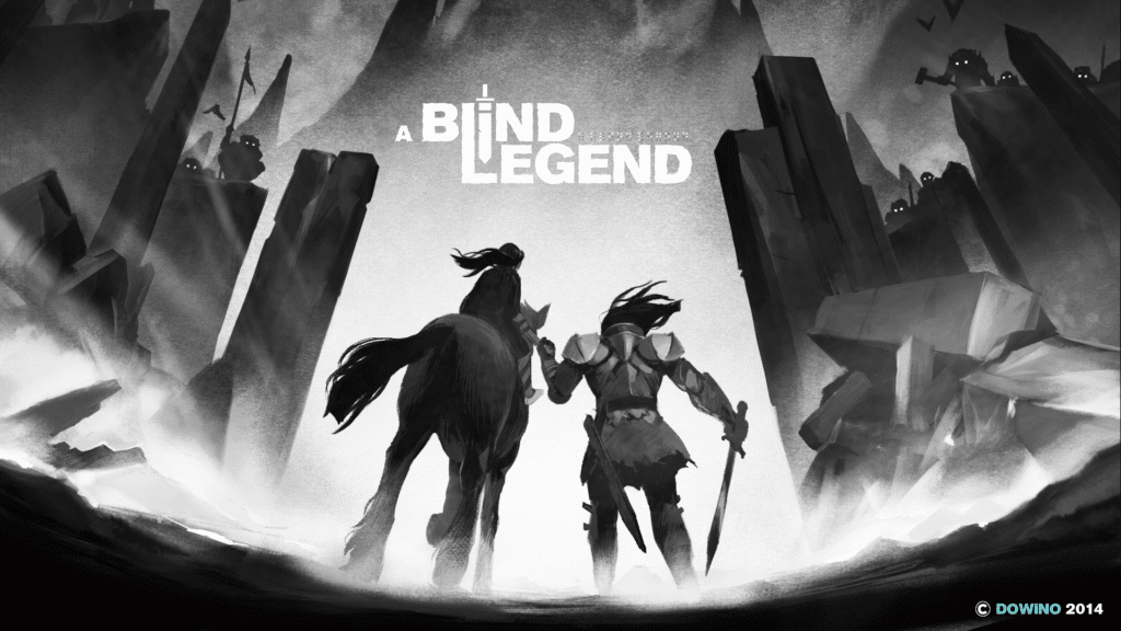A blind Legend cover, a knight walking beside a horse carrying a girl, black and white