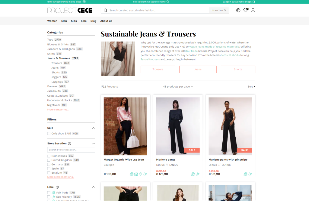 Screenshot of a search page from Project CeCe in the catgory sustainable jeans and trousers