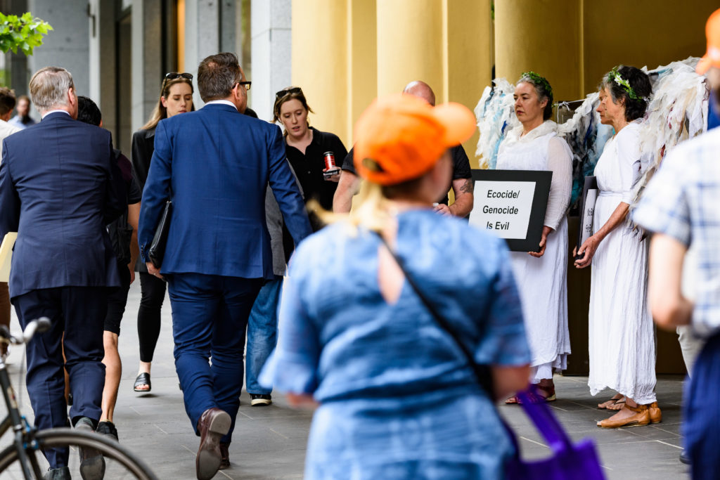 Climate Guardians delivering a message to BHP’s CEO and Board, global headquarters, Melbourne Australia, November 2019. Photo courtesy of Julian Meehan.